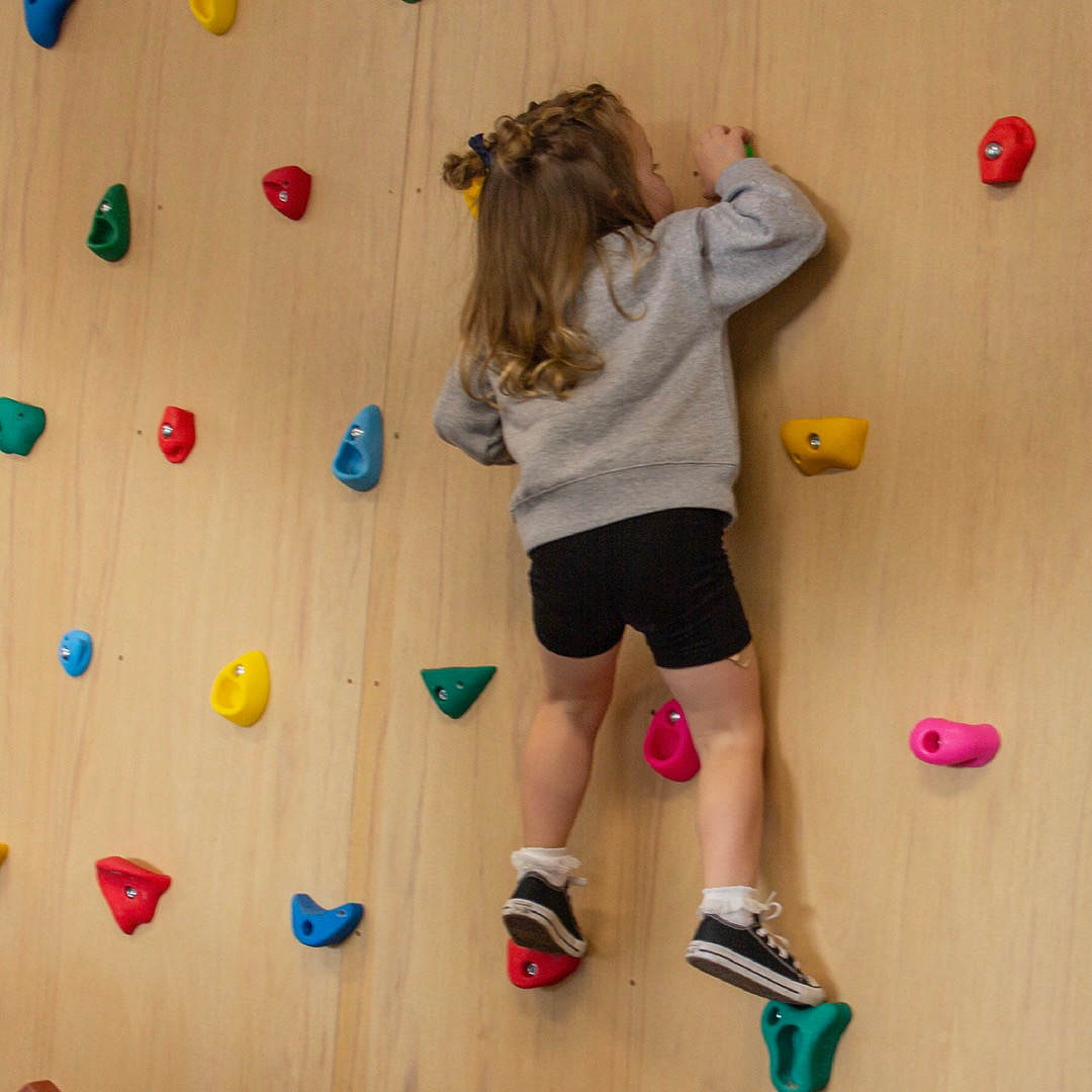 Young girl on climbing wall with our Occupational Therapist in and Occupational Therapy gym in Bondi Junction and Mascot because of developmental delay and poor core strength and postural control.