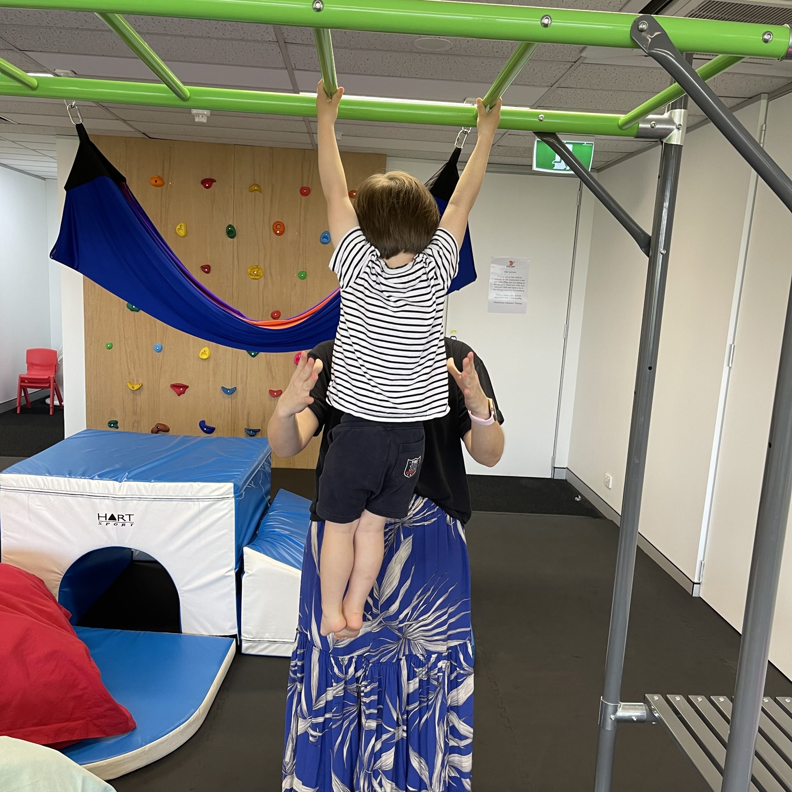 Young boy hanging from monkey bars to do a bilateral co-ordination activity with an Occupational Therapist in an Occupational Therapy gym in Bondi Junction and Mascot In Sydney