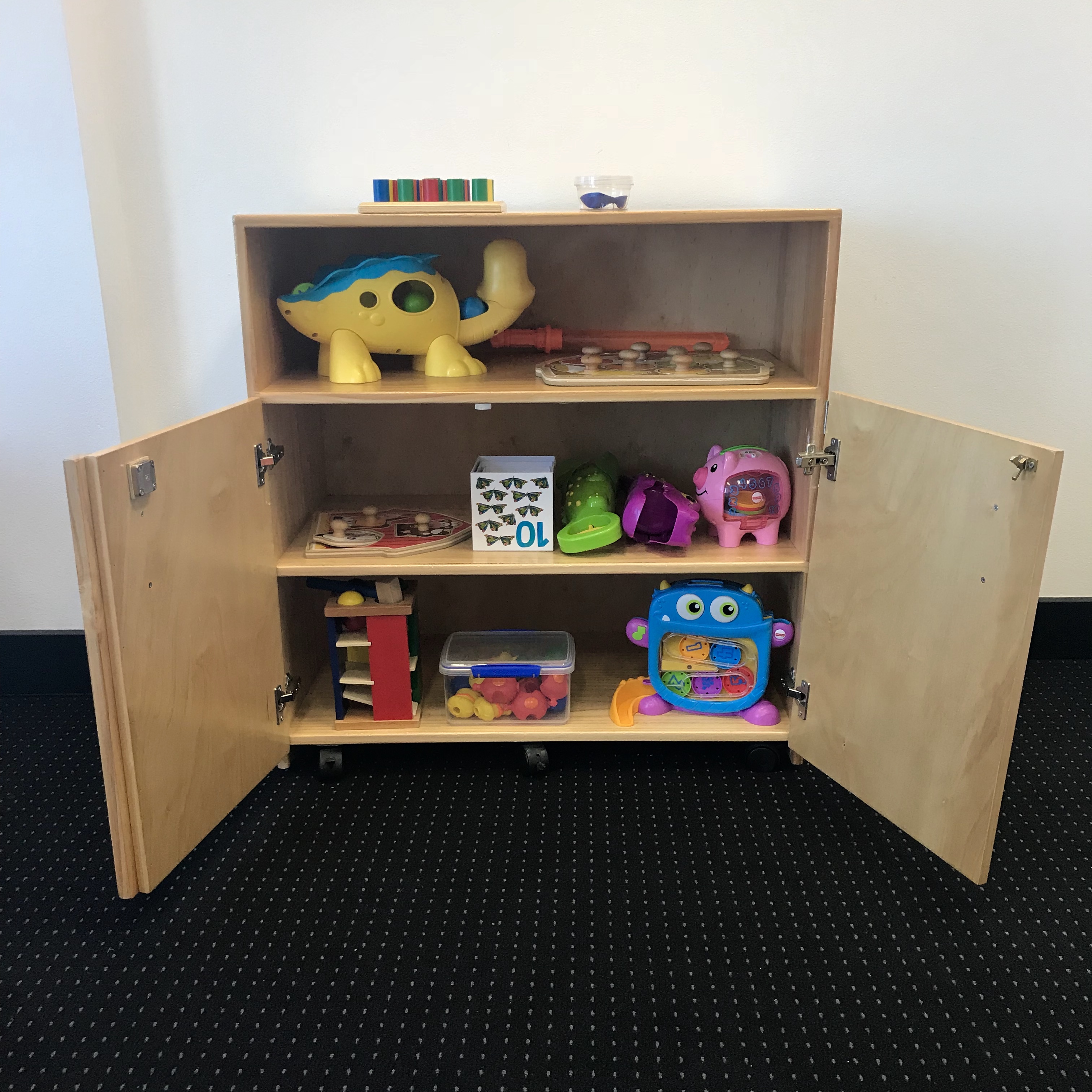 Photo of cupboard of toys for Early Start DEnver Model ESDM early intervention for difference between ABA and ESDM
